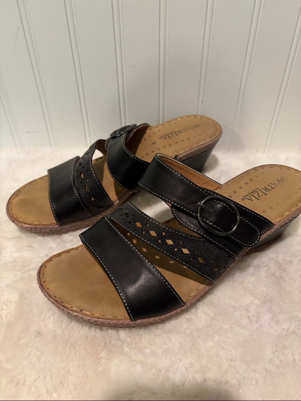 Patrizia Easy Comfort Black Leather Slide Wedge Sandals Size 9